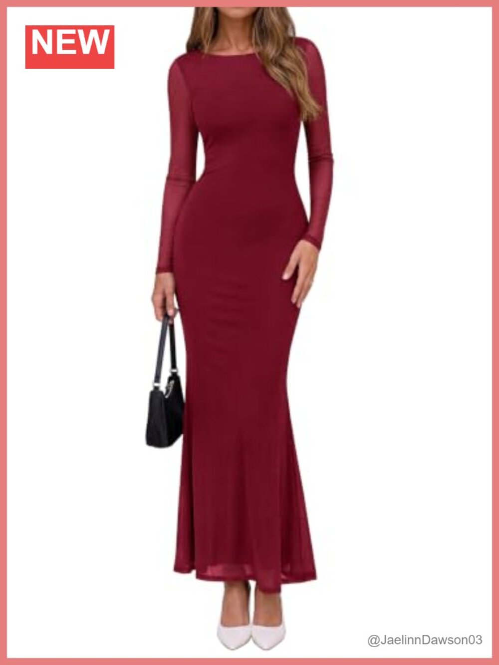 Mesh Long Sleeve Bodycon Maxi Dress Mermaid Hem Boat Neck